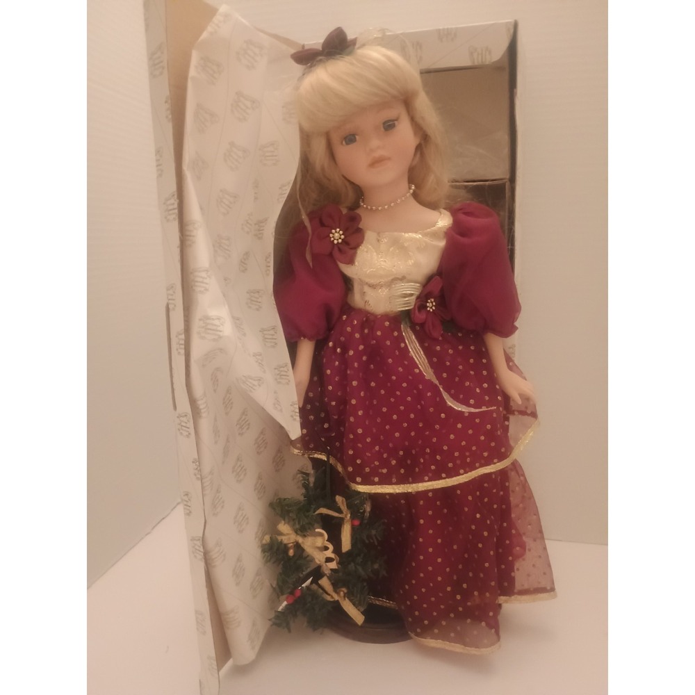 Vintage Porcelain Doll with Stand NIB Burgundy & Gold Dress Blonde Soft Body...
